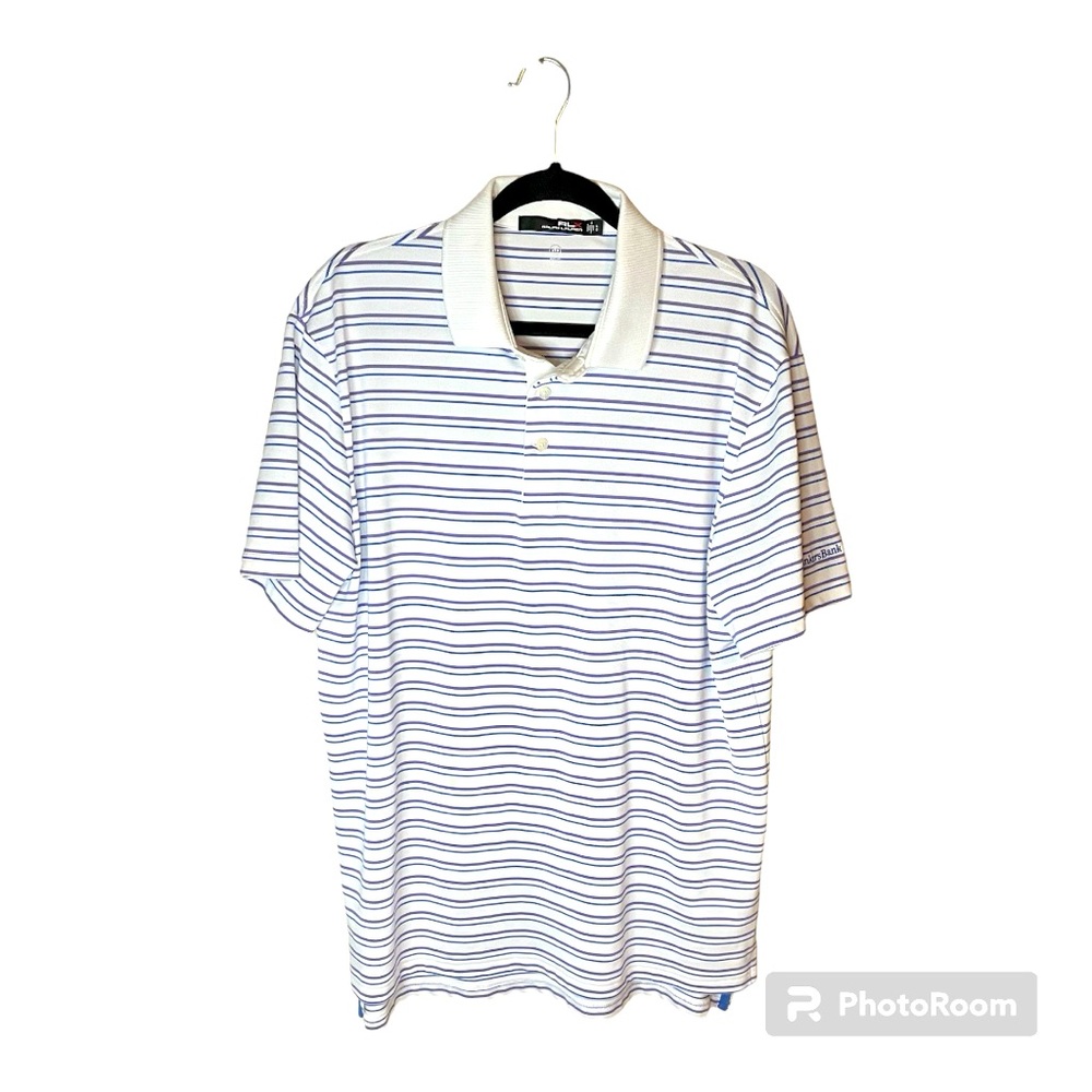 RLX Ralph Lauren White with Purple‎ and Blue Stripes Wicking Golf Shirt Large